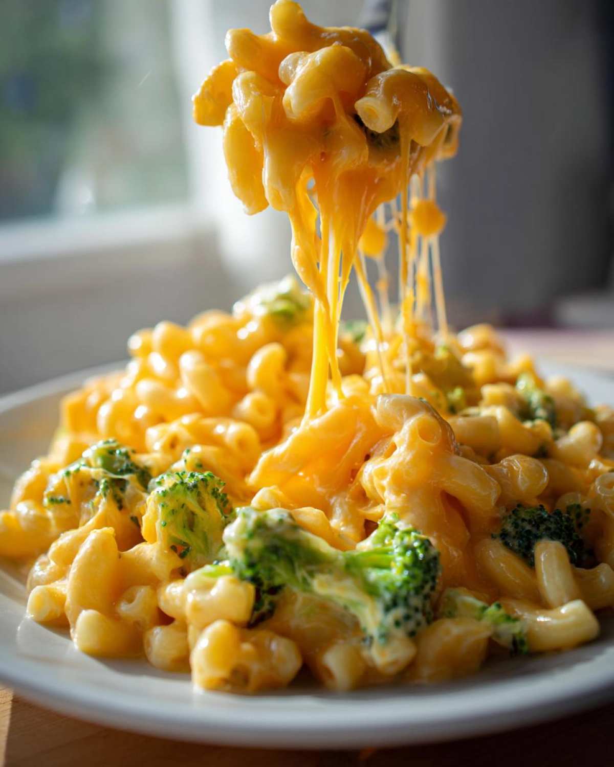 A fork lifts a scoop of Copycat Café Broccoli Cheddar Mac, showing long, gooey cheese pulls over the creamy pasta and broccoli florets.