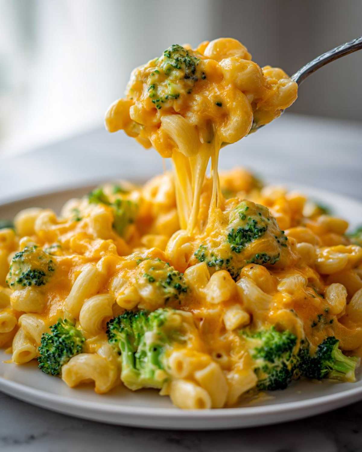 A spoonful of creamy Copycat Café Broccoli Cheddar Mac being lifted, showing long cheese pulls over the cheesy pasta and broccoli florets.