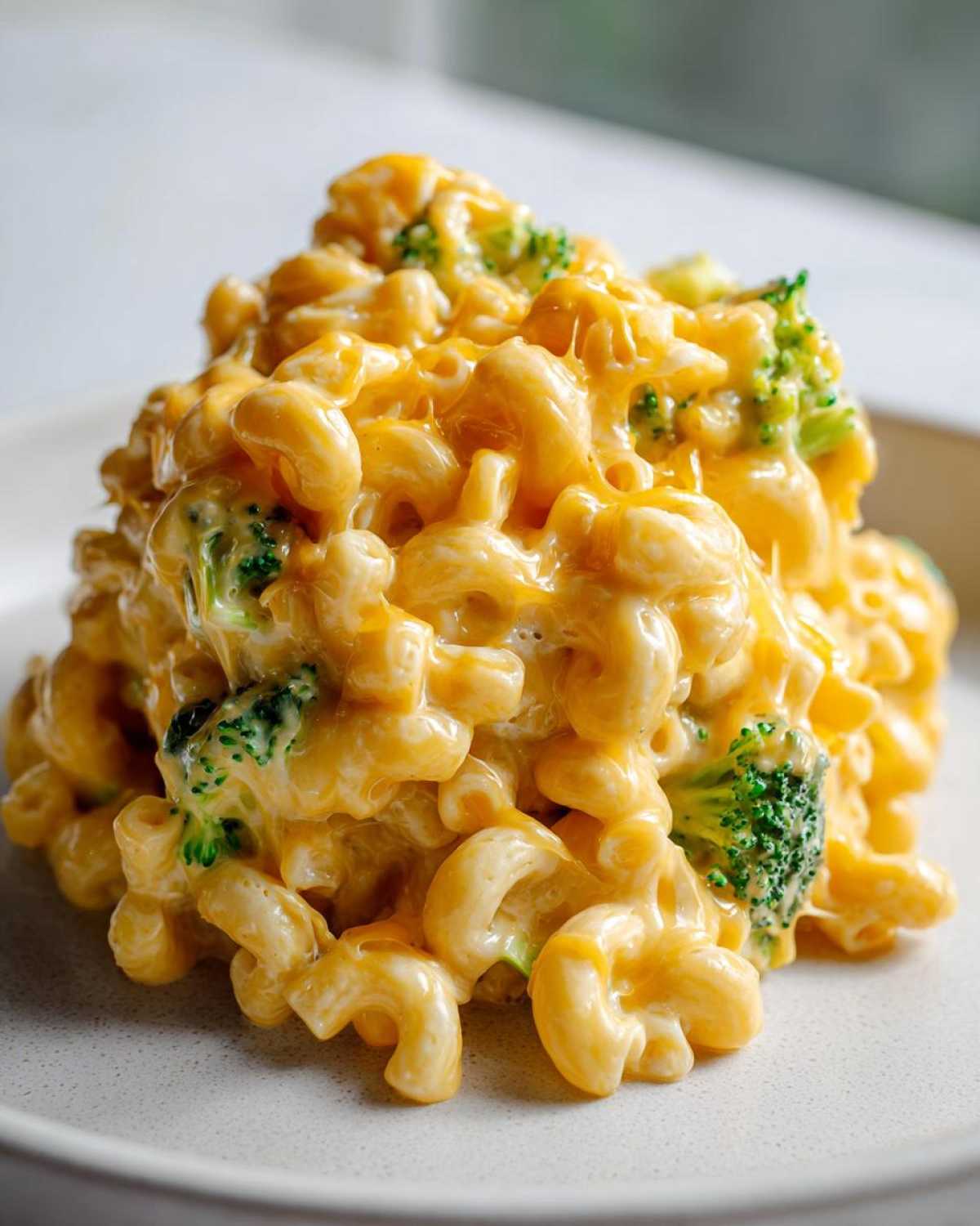 A mound of creamy, cheesy Copycat Café Broccoli Cheddar Mac served on a light plate.