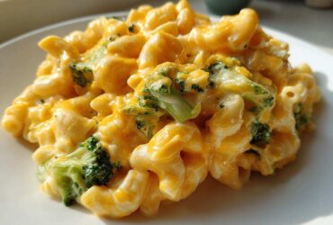 Close-up of creamy Copycat Café Broccoli Cheddar Mac featuring elbow macaroni and bright green broccoli florets coated in rich cheese sauce.
