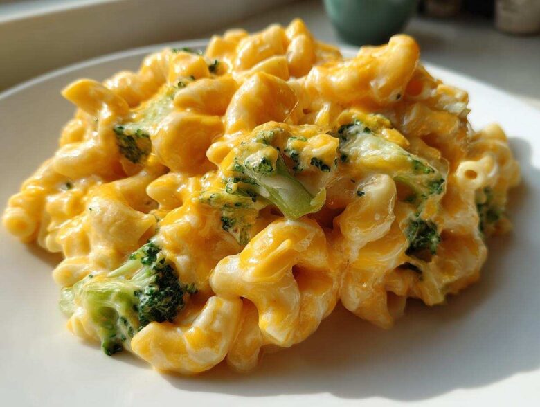 Close-up of creamy Copycat Café Broccoli Cheddar Mac featuring elbow macaroni and bright green broccoli florets coated in rich cheese sauce.