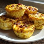 A stack of golden-brown Copycat Café-Style Bacon Gruyere Egg Bites served on a white plate.