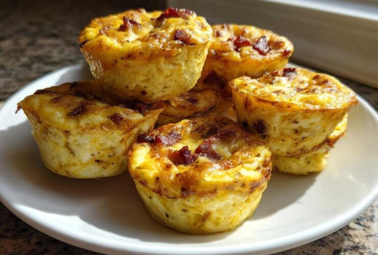 A stack of golden-brown Copycat Café-Style Bacon Gruyere Egg Bites served on a white plate.