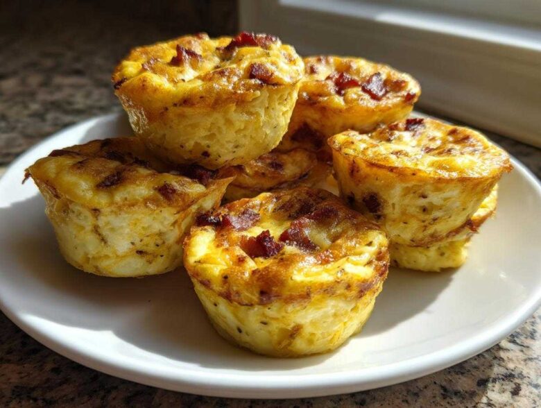 A stack of golden-brown Copycat Café-Style Bacon Gruyere Egg Bites served on a white plate.
