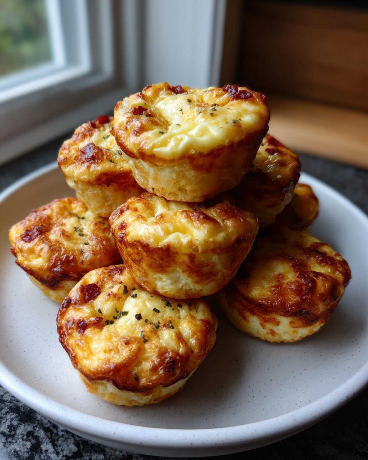 A stack of golden-brown Copycat Café-Style Bacon Gruyere Egg Bites piled on a light gray plate.