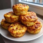 A stack of golden-brown Copycat Café-Style Bacon Gruyere Egg Bites piled high on a white plate.