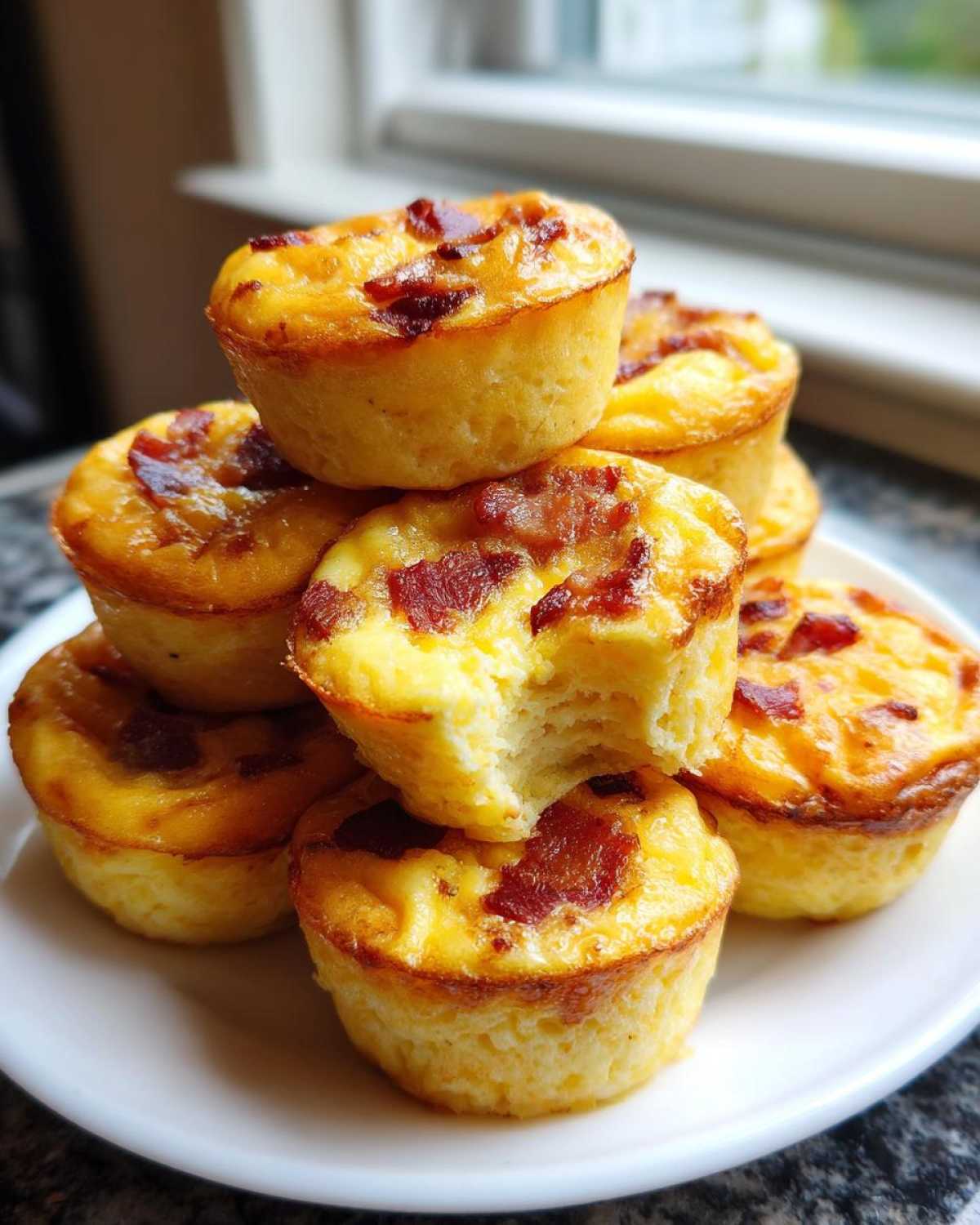 A stack of golden Copycat Café-Style Bacon Gruyere Egg Bites on a white plate, one has a bite taken out.