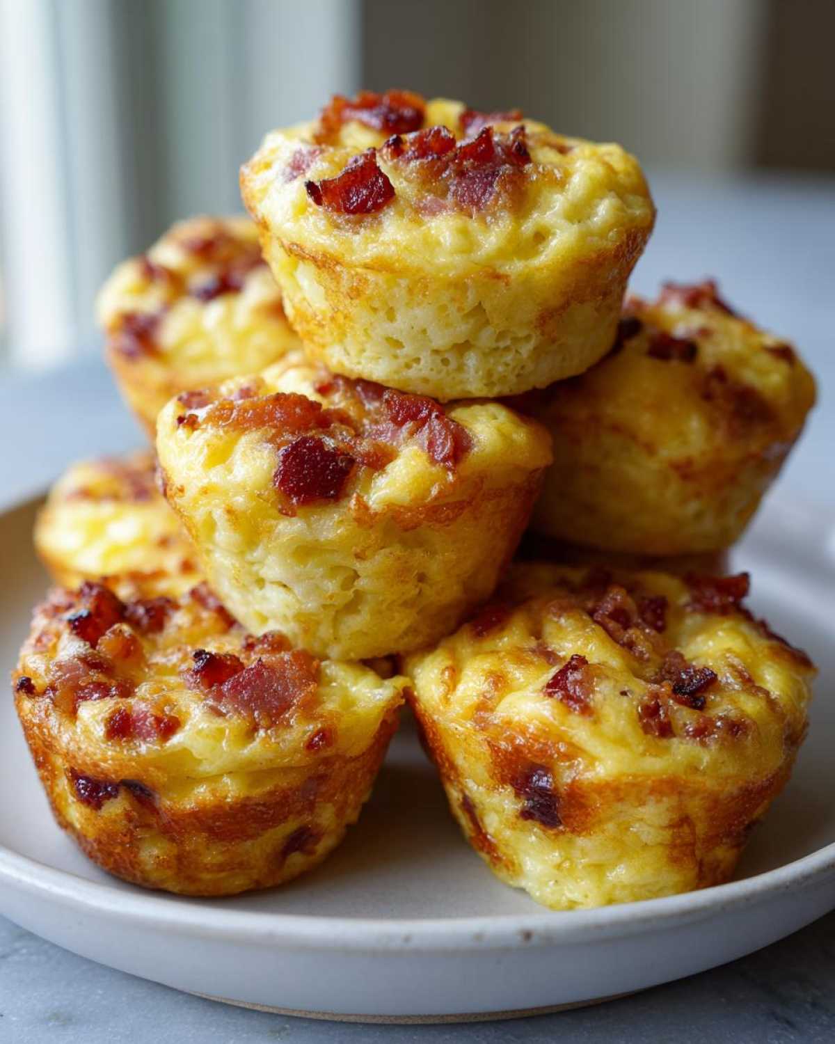 A stack of golden Copycat Café-Style Bacon Gruyere Egg Bites topped with crispy bacon pieces.