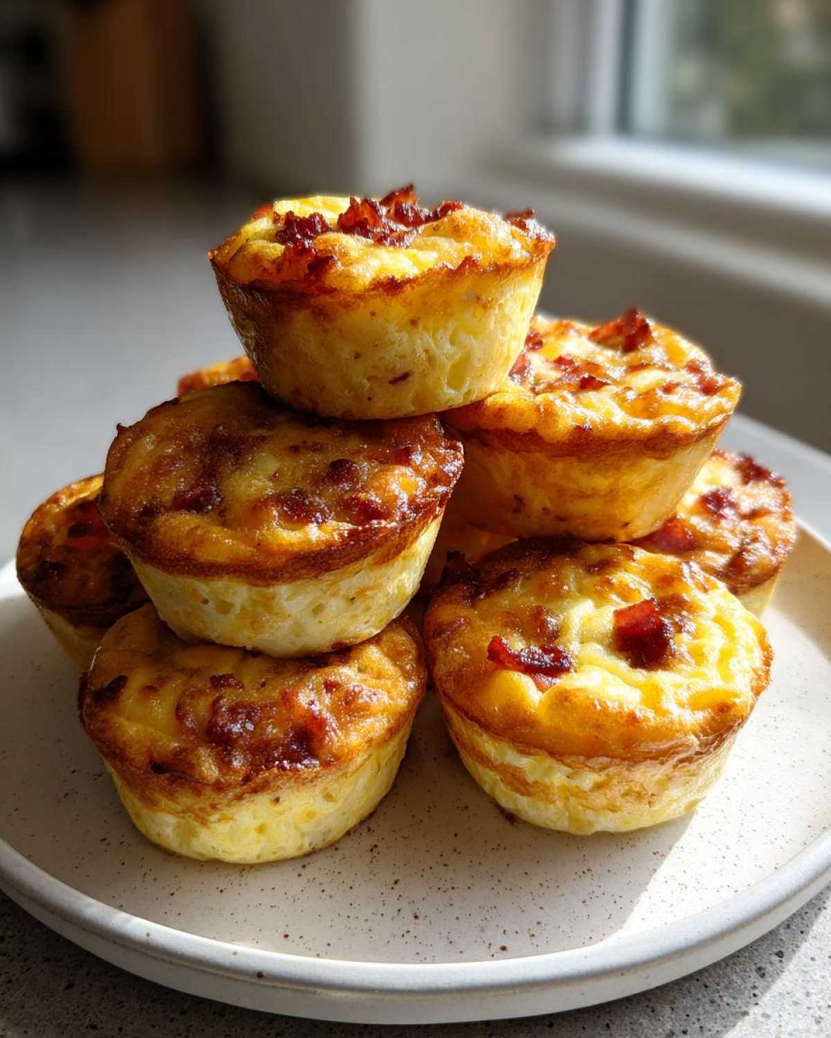 A stack of golden brown Copycat Café-Style Bacon Gruyere Egg Bites on a speckled white plate.