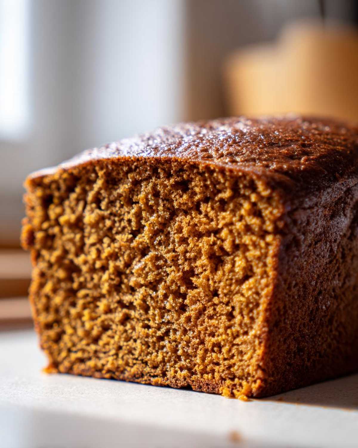 Close-up view showing the moist, dark brown, and textured crumb of the Copycat Dark Brown Honey Wheat Bread.