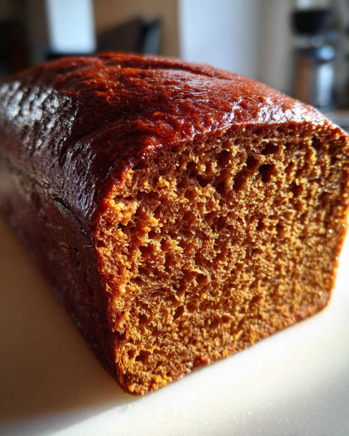 A close-up view showing the moist, dark brown crumb structure of the Copycat Dark Brown Honey Wheat Bread.
