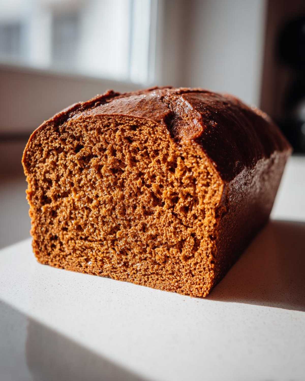 A close-up shot showing the rich, dark brown crumb texture of the Copycat Dark Brown Honey Wheat Bread loaf.