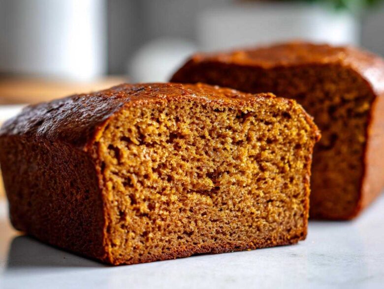 Cross-section view of a rich, dark brown loaf of Copycat Dark Brown Honey Wheat Bread showing its moist, dense crumb.