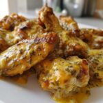 Close-up of crispy chicken wings smothered in melted cheese and herbs from the Copycat Garlic Parmesan Wing Sauce.