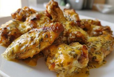 Close-up of crispy chicken wings smothered in melted cheese and herbs from the Copycat Garlic Parmesan Wing Sauce.