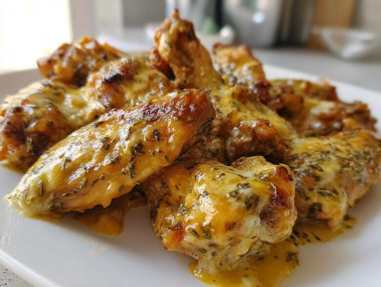 Close-up of crispy chicken wings smothered in melted cheese and herbs from the Copycat Garlic Parmesan Wing Sauce.