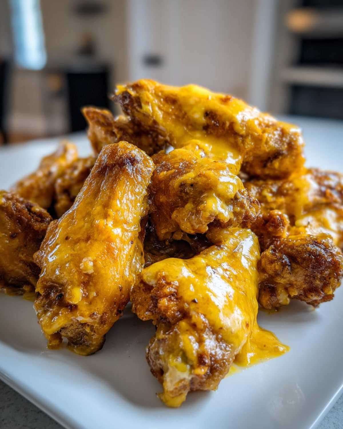A close-up of crispy chicken wings generously coated in rich, yellow Copycat Garlic Parmesan Wing Sauce on a white plate.