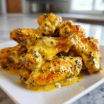 Close-up of crispy chicken wings generously coated in a creamy, yellow Copycat Garlic Parmesan Wing Sauce with visible herbs.