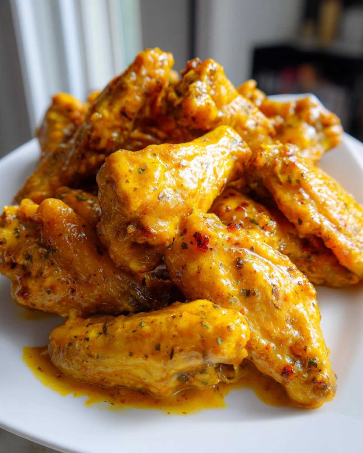 A pile of crispy chicken wings generously coated in a thick, golden Copycat Garlic Parmesan Wing Sauce, served on a white plate.