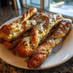 A plate piled high with golden brown, twisted Copycat Italian Restaurant Soft Garlic Breadsticks topped with melted butter, garlic, and parsley.