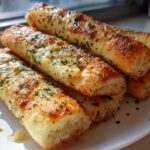 A stack of golden brown, soft garlic breadsticks topped with melted cheese and green parsley flakes.