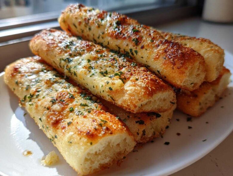 A stack of golden brown, soft garlic breadsticks topped with melted cheese and green parsley flakes.
