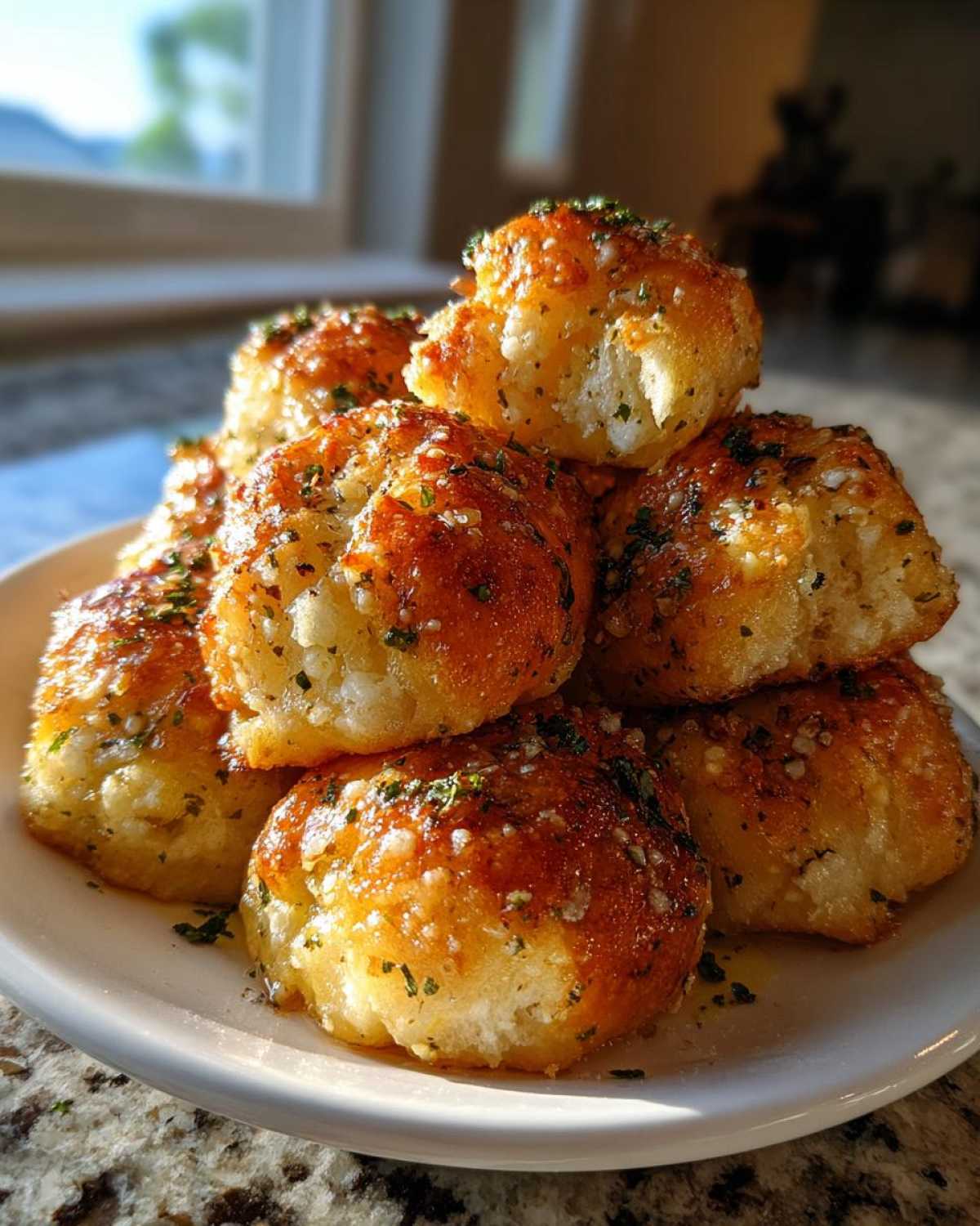A stack of golden brown Copycat Italian Restaurant Soft Garlic Breadsticks glistening with butter and herbs.