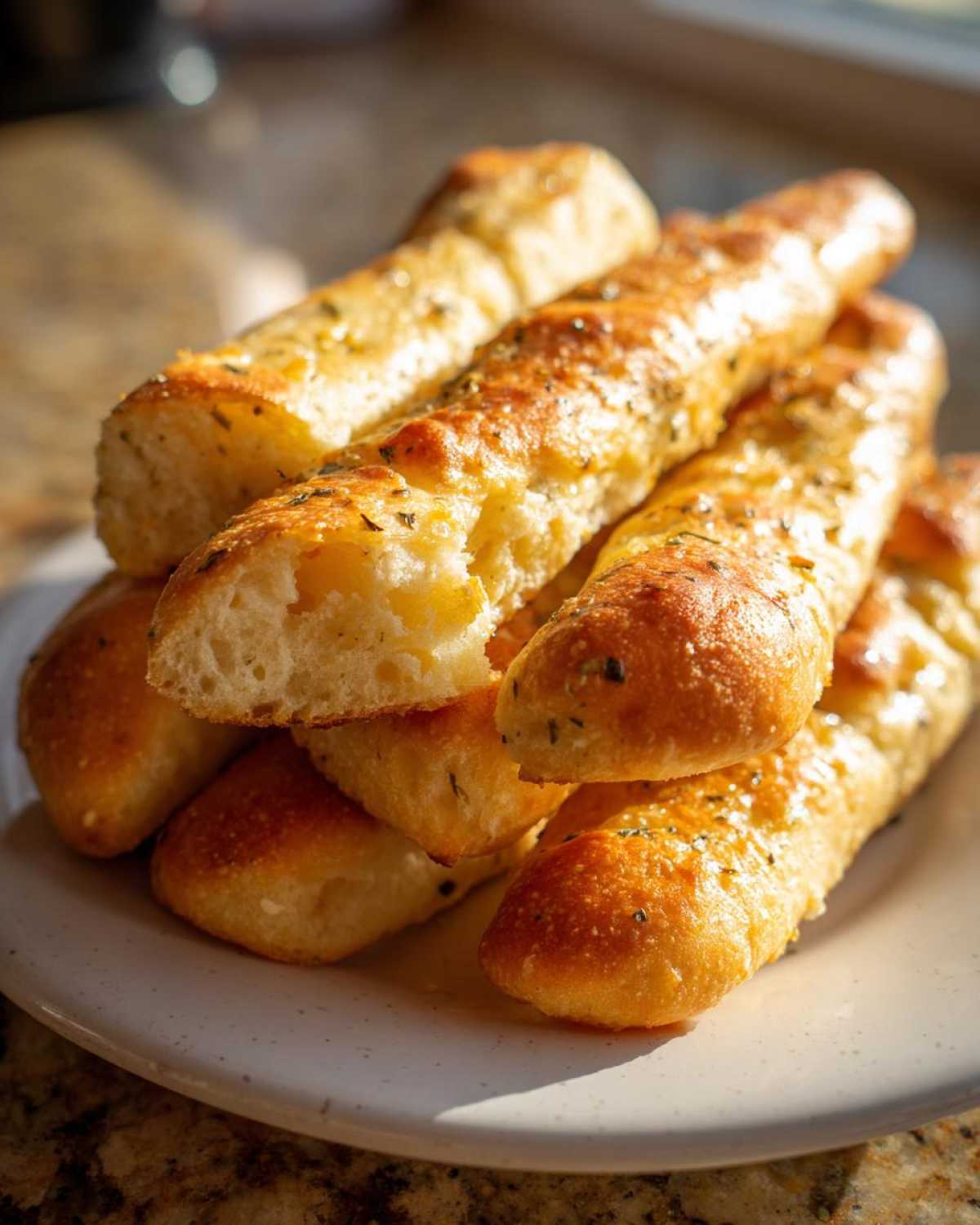 A stack of golden brown, soft garlic breadsticks, glistening with butter and herbs, ready to eat.