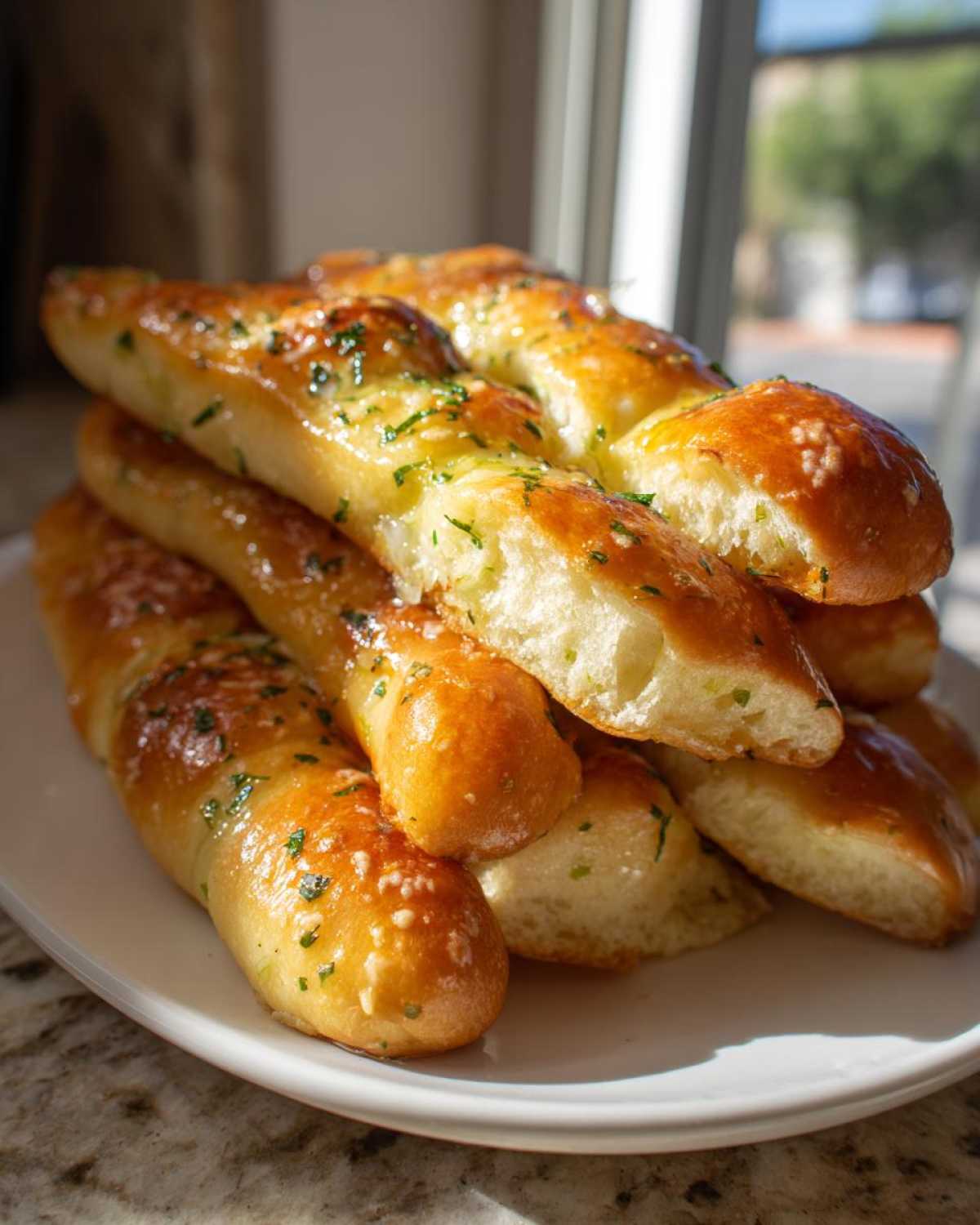 A stack of golden brown, soft garlic breadsticks brushed with butter and herbs, ready to eat.