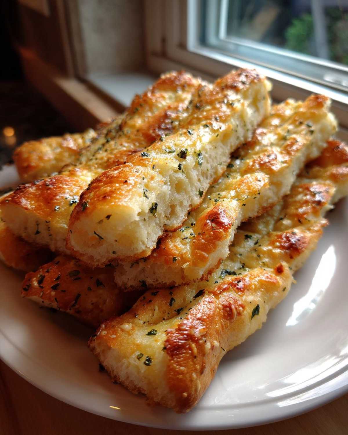 A stack of golden brown Copycat Italian Restaurant Soft Garlic Breadsticks topped with melted cheese and herbs.