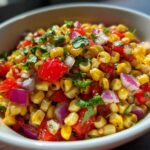 Close-up of vibrant Copycat Mexican Grill Corn Salsa featuring charred corn, red tomatoes, and purple onion in a white bowl.
