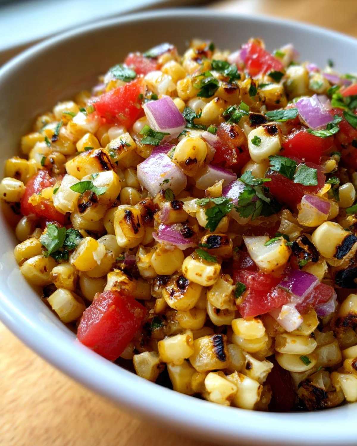 Close-up of grilled corn kernels mixed with diced red onion, tomato, and cilantro in a white bowl, representing Copycat Mexican Grill Corn Salsa.
