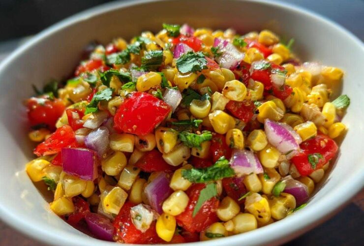 Close-up of vibrant Copycat Mexican Grill Corn Salsa featuring charred corn, red tomatoes, and purple onion in a white bowl.