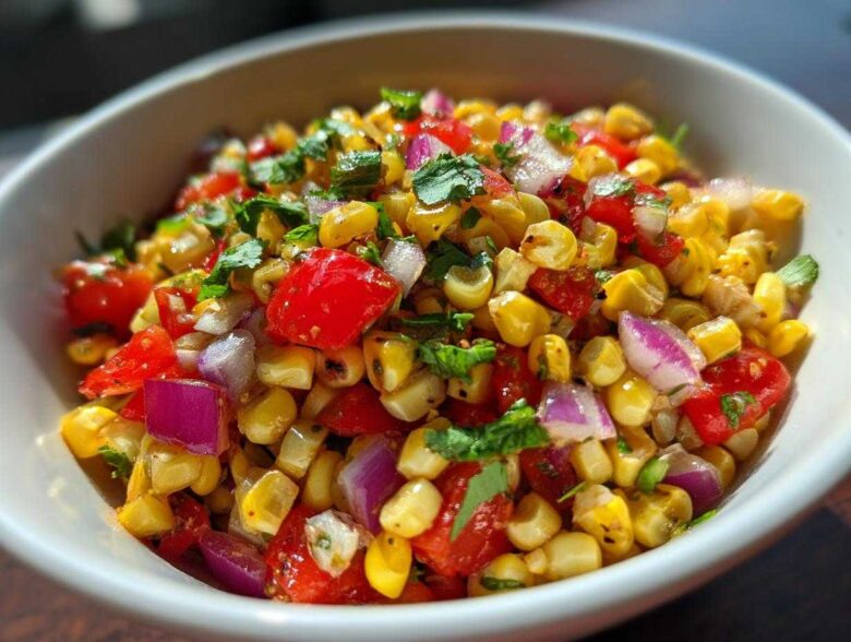 Close-up of vibrant Copycat Mexican Grill Corn Salsa featuring charred corn, red tomatoes, and purple onion in a white bowl.