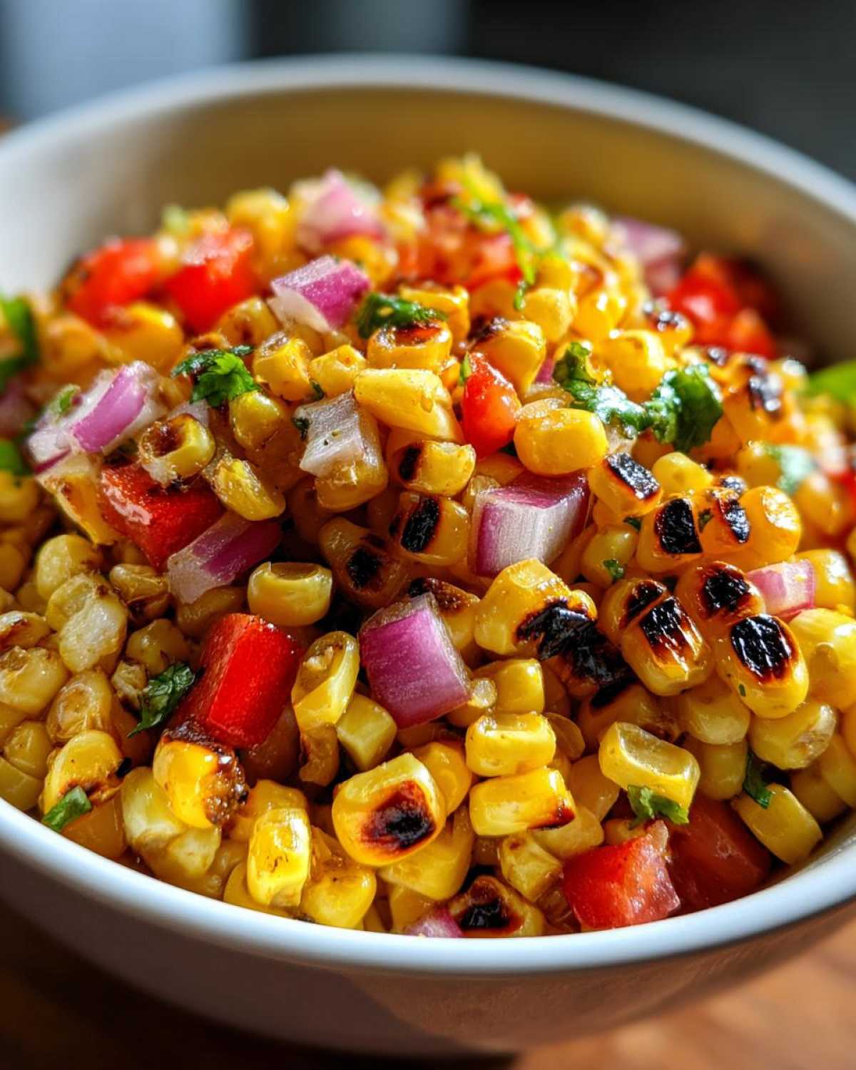 Close-up of charred corn kernels mixed with diced red onion and red pepper in a bowl of Copycat Mexican Grill Corn Salsa.