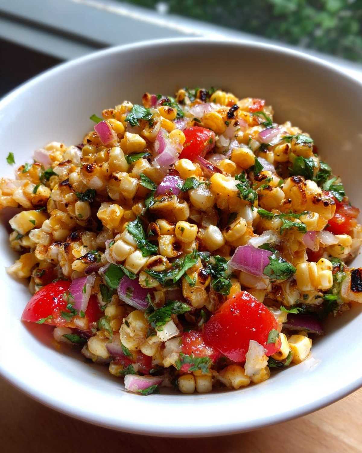 A close-up of vibrant Copycat Mexican Grill Corn Salsa featuring charred corn, diced red onion, and bright red tomatoes in a white bowl.