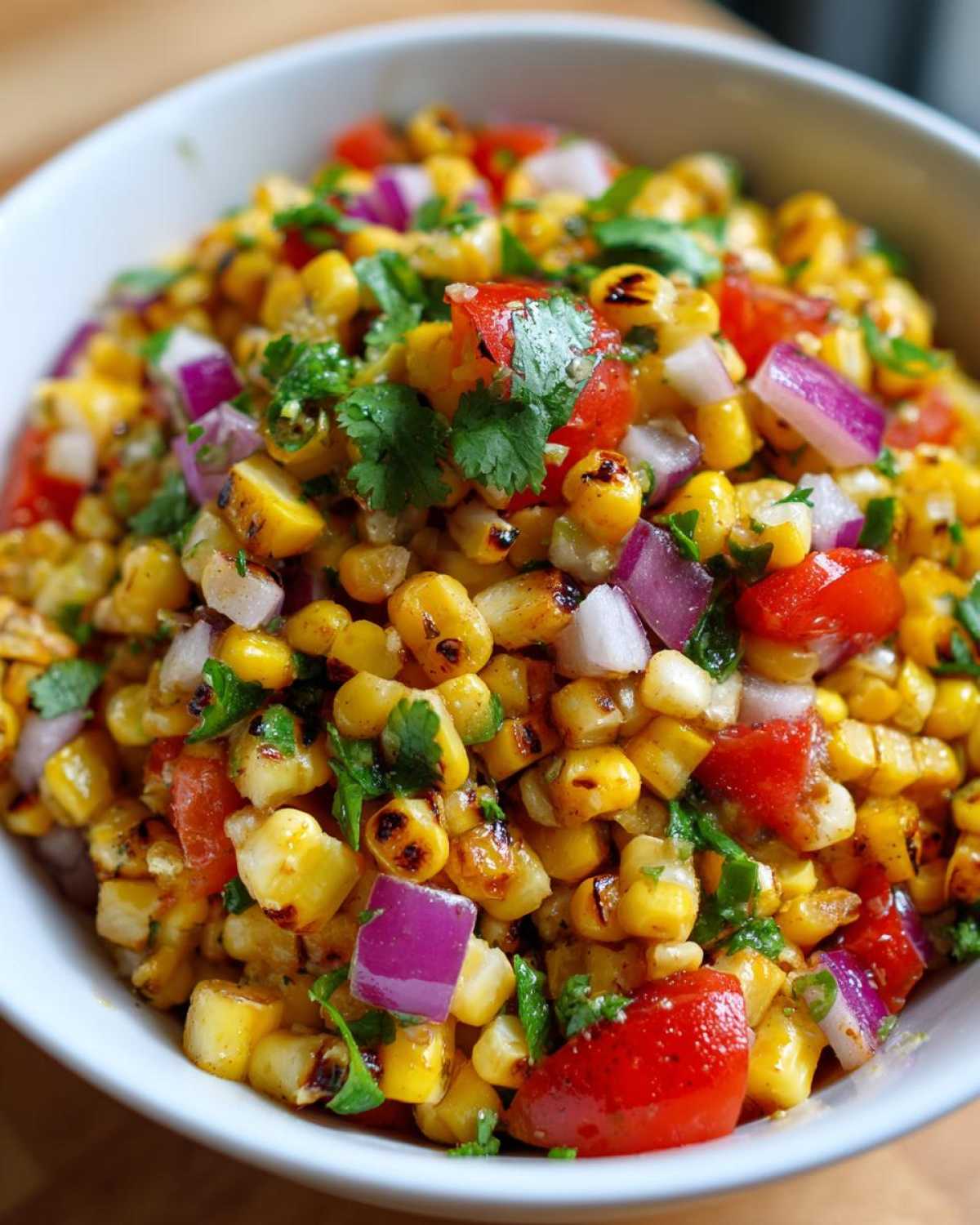 Close-up of vibrant Copycat Mexican Grill Corn Salsa featuring charred corn, diced red onion, tomato, and cilantro.