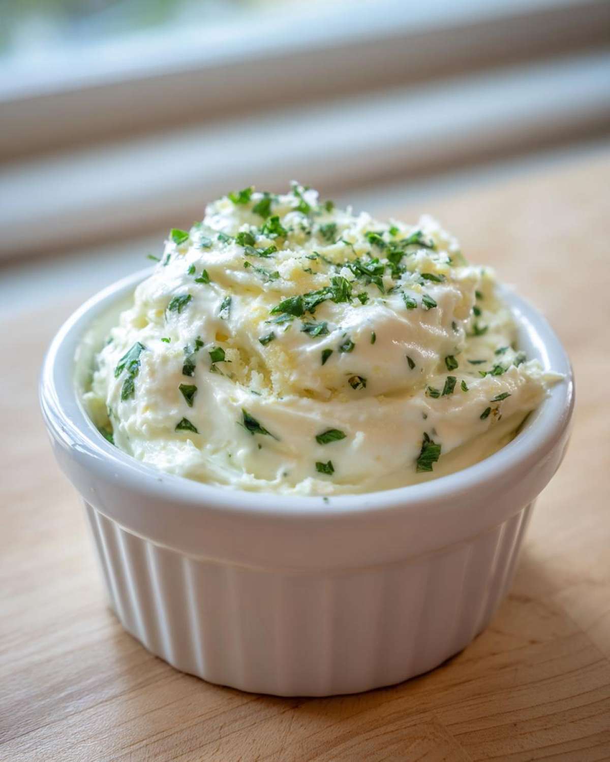 A small white ramekin filled with creamy Copycat Pizza Garlic Parmesan Dip Sauce, topped with grated cheese and fresh parsley.
