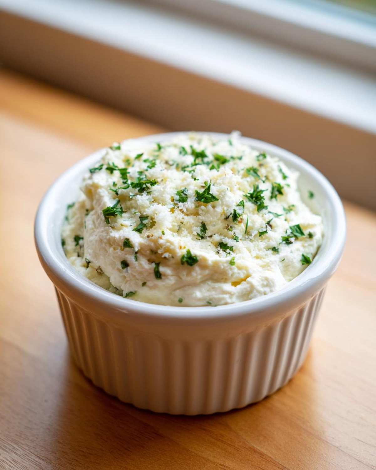 A white ramekin filled with thick, creamy Copycat Pizza Garlic Parmesan Dip Sauce, topped with grated cheese and fresh parsley.