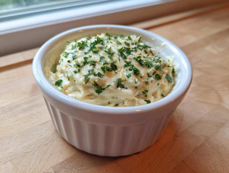 A small white ramekin filled with thick Copycat Pizza Garlic Parmesan Dip Sauce, topped with fresh parsley.