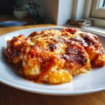 A close-up of a serving of Creamy Roasted Garlic Tomato Gnocchi Bake with a bubbly, browned cheese topping.