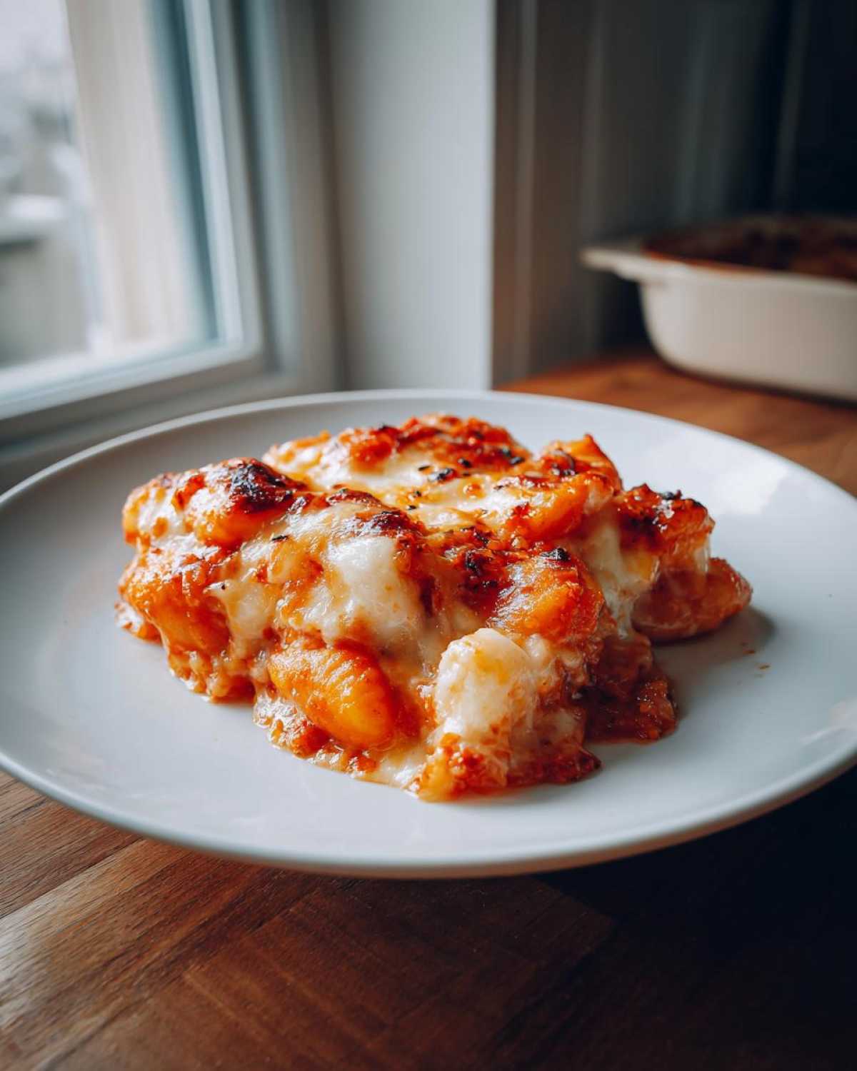 A generous serving of Creamy Roasted Garlic Tomato Gnocchi Bake with melted, browned cheese on a white plate.