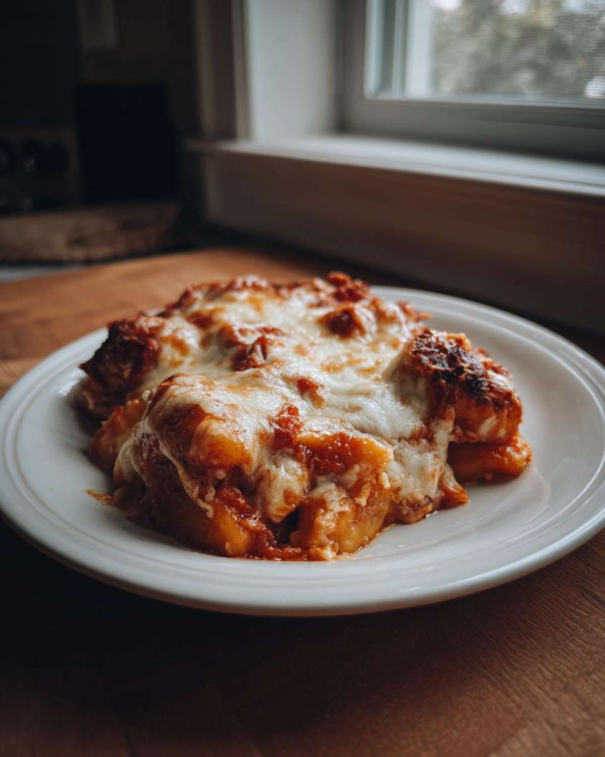 A close-up of a serving of Creamy Roasted Garlic Tomato Gnocchi Bake topped with melted, bubbly mozzarella cheese.
