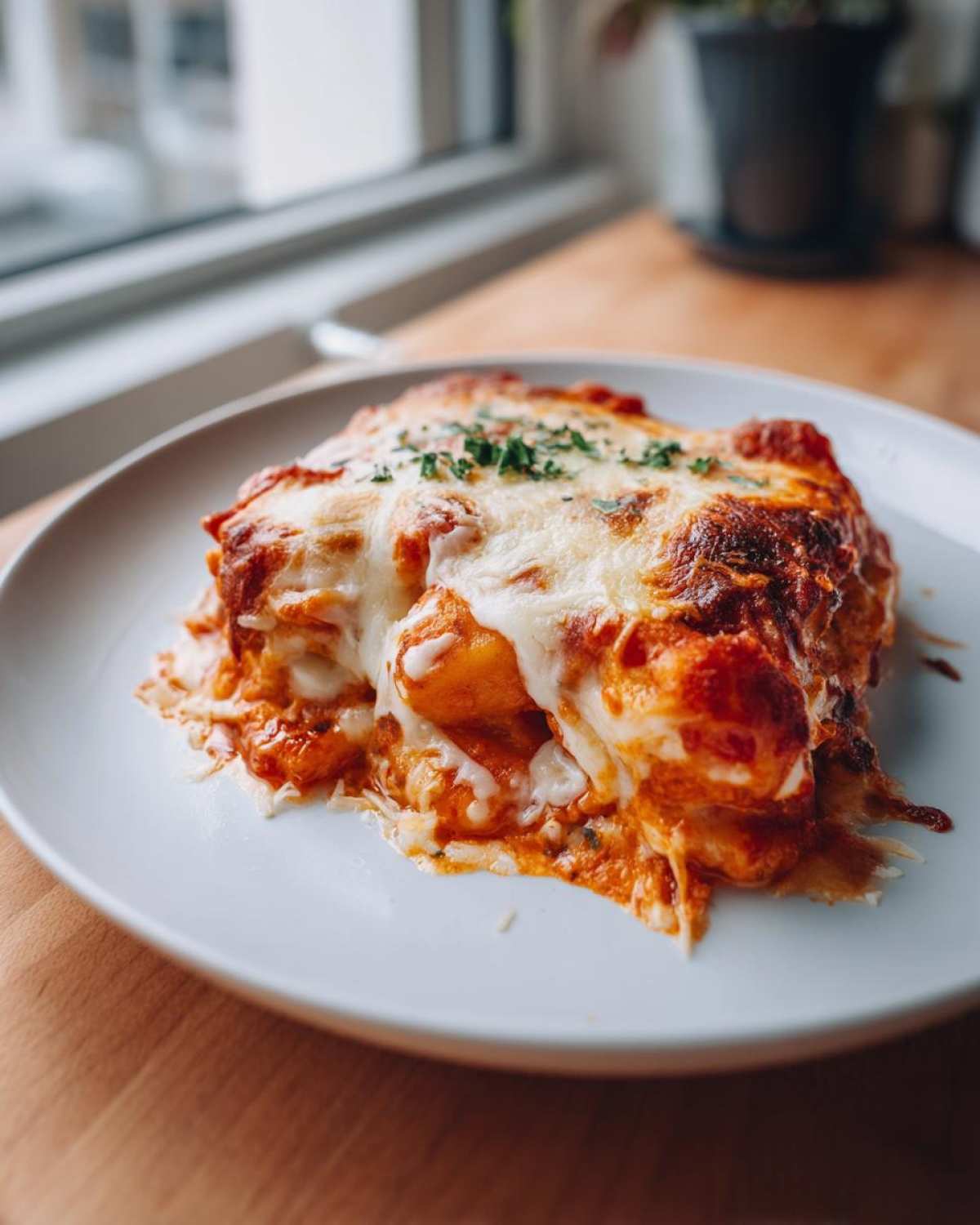 A close-up of a serving of Creamy Roasted Garlic Tomato Gnocchi Bake covered in melted, browned cheese and sprinkled with herbs.