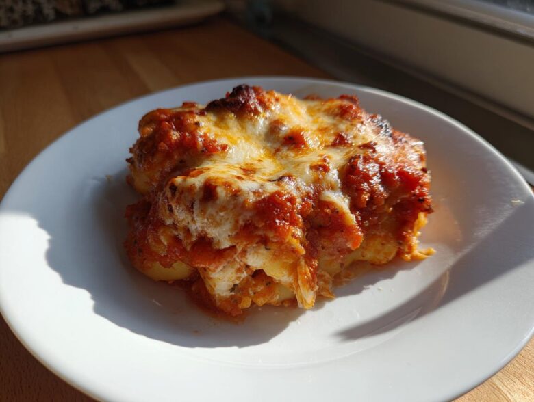 A single serving of Creamy Roasted Garlic Tomato Gnocchi Bake, topped with melted, browned cheese.