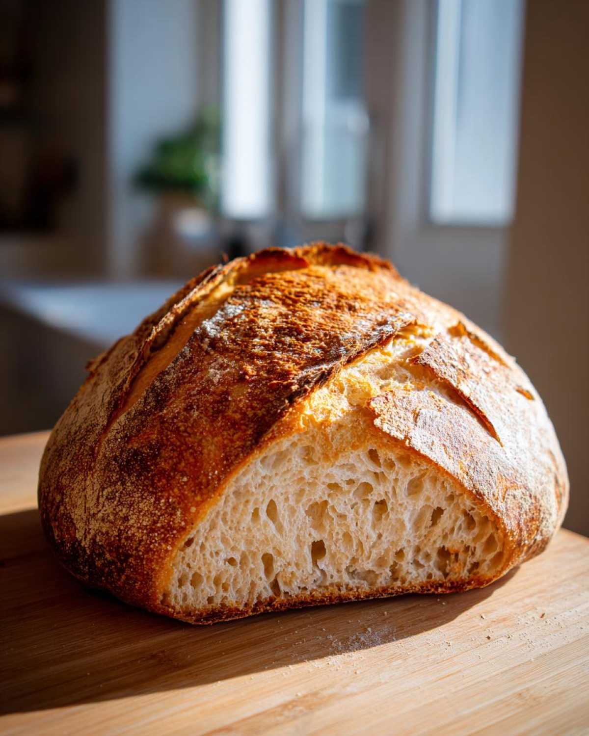 A loaf of Crispy Italian Bread, sliced open to show the airy, open crumb structure and golden crust.