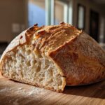 A loaf of freshly baked Crispy Italian Bread, cut in half to show the open, airy crumb and golden, crackly crust.