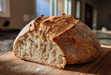 A loaf of freshly baked Crispy Italian Bread, cut in half to show the open, airy crumb and golden, crackly crust.