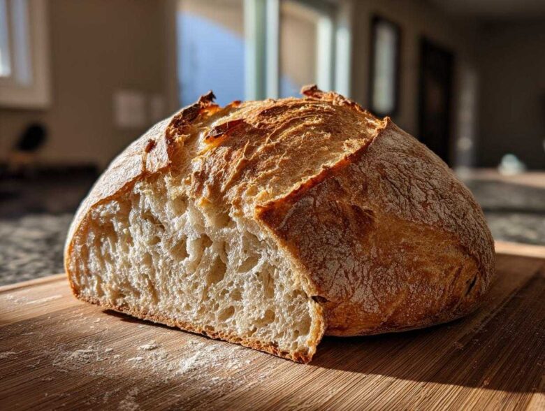 A loaf of freshly baked Crispy Italian Bread, cut in half to show the open, airy crumb and golden, crackly crust.