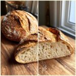 A split image showing a whole loaf and a cross-section of Crispy Italian Bread with an open, airy crumb structure.